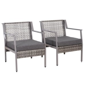 Outsunny 2Pc Rattan Dining Chairs Outdoor Patio Garden Conversation Furniture w/ Cushions