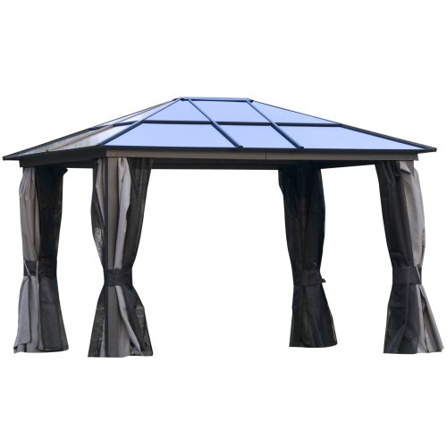 Outsunny 3.6 x 3 m Hardtop Gazebo w/ UV Resistant Polycarbonate Roof & Aluminium Frame, Garden Pavilion w/ Mosquito Netting & Curtains | Aosom Ireland