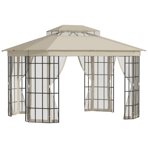 Outsunny 3.7 x 3(m) Patio Gazebo Canopy Garden Tent Shelter w/ 2 Tiers Roof & Mosquito Netting, Metal Frame, Beige | Aosom Ireland