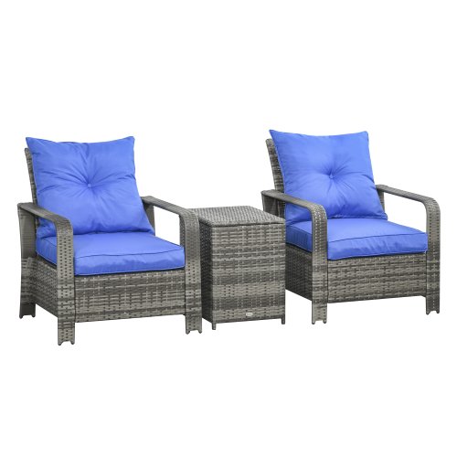 Outsunny 3 PCs PE Rattan Garden Furniture Patio Bistro Set 2 Wicker Chairs with Cushions and Coffee Table with Storage Outdoor Blue | Aosom Ireland