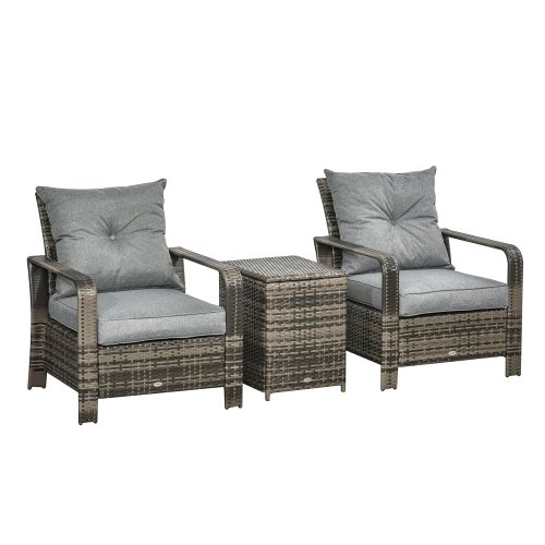 Outsunny 3 PCs PE Rattan Garden Furniture Patio Bistro Set 2 Wicker Chairs with Cushions and Coffee Table with Storage Outdoor Grey | Aosom Ireland