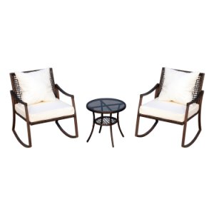 Outsunny 3 Pieces Rocking Chair Bistro Set Furniture Coffee Table Rattan Wicker Brown