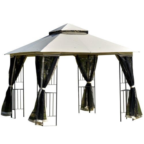 Outsunny 3 x 3m Outdoor Patio Gazebo Canopy with Double Tier Roof, Removable Mesh Curtains, Display Shelves, Top Hooks, Beige | Aosom Ireland