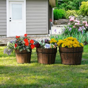 Outsunny 3PCs Wooden Raised Barrels Bucket Planter Outdoor & Indoor with Handle Flower Pot Beds Box, Solid Wood, Carbonized Colour | Aosom Ireland