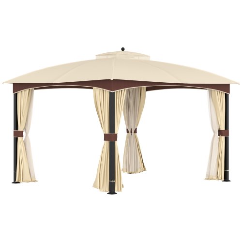 Outsunny 4 x 3(m) Patio Metal Gazebo, Garden Canopy Shelter w/ Double Tier Roof, Removable Netting & Curtains Marquee Tent, Khaki | Aosom Ireland