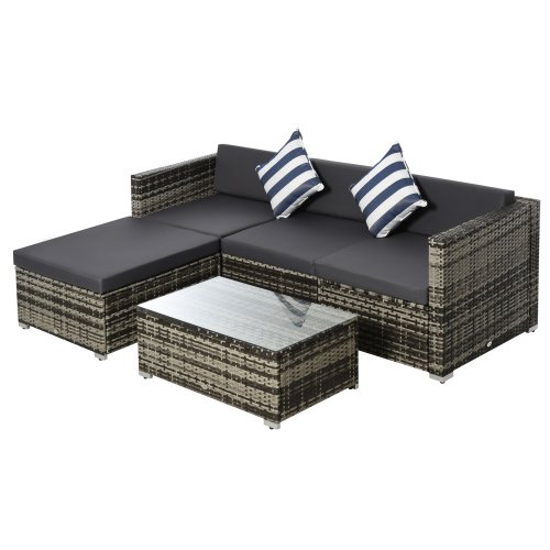 Outsunny 5PC Rattan  Furniture  Set Garden Sectional Wicker Sofa Glass Tepmpered Tea Table w/ Cushion Pillows | Aosom IE