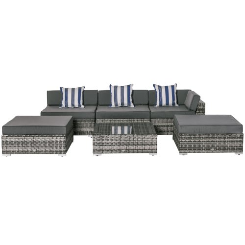 Outsunny 6 PC Rattan Sofa Coffee Table Set Sectional Wicker Weave Furniture for Garden Outdoor Conservatory w/ Pillow Cushion Grey | Aosom Ireland