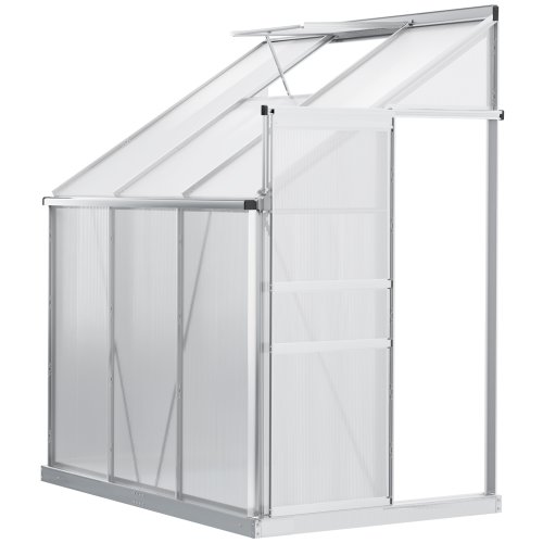 Outsunny 6 x 4ft Lean to Wall Polycarbonate Greenhouse Aluminium Walk-in Garden Greenhouse w/ Adjustable Roof Vent Clear | Aosom Ireland