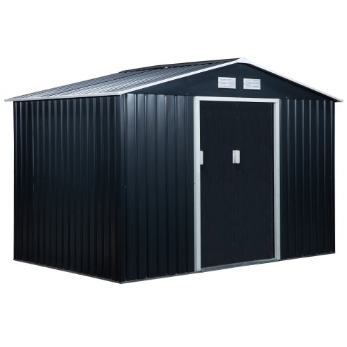Outsunny 9 x 6FT Metal Shed Roofed Garden Shed Outdoor Storage Shed w/ Foundation Ventilation & Doors, Dark Grey | Aosom Ireland