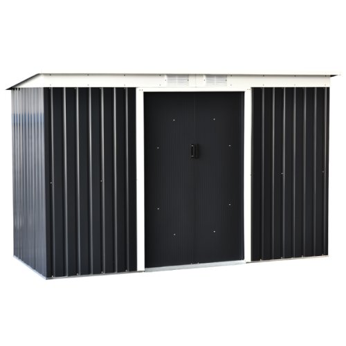 Outsunny 9ft x 4.25ft Corrugated Garden Metal Storage Shed Outdoor Equipment Tool Box with Foundation Ventilation & Doors Dark Grey | Aosom Ireland