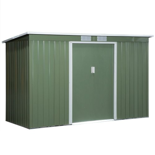 Outsunny 9ft x 4ft Corrugated Garden Metal Storage Shed Outdoor Equipment Tool Box w/ Kit Ventilation & Doors Light Green | Aosom Ireland