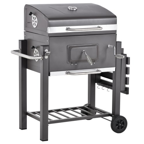Outsunny Charcoal Grill BBQ Trolley Backyard Garden Smoker Barbecue w/ Shelf Side Table Wheels Built-in Thermometer | Aosom Ireland