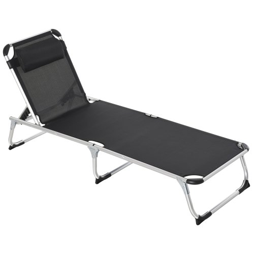 Outsunny Foldable Reclining Sun Lounger Lounge Chair Camping Bed Cot with Pillow 5-Level Adjustable Back Aluminium Frame Black | Aosom Ireland