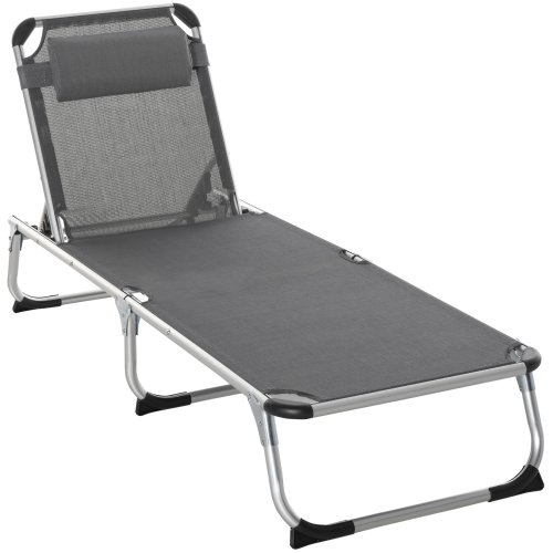 Outsunny Foldable Reclining Sun Lounger Lounge Chair Camping Bed Cot with Pillow 5-Level Adjustable Back Aluminium Frame Grey | Aosom Ireland
