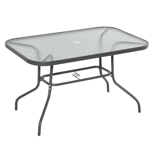 Outsunny Garden Dining Table Glass Top Metal Frame with Parasol Hole Outdoor Balcony Grey 120L x 80Wcm | Aosom Ireland