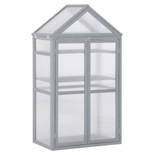 Outsunny Garden Polycarbonate Cold Frame Greenhouse Grow House Flower Vegetable Plants w/ Adjustable Shelves, Double Doors Grey|Aosom Ireland