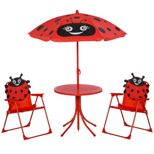 Outsunny Kids Outdoor Bistro Table and Chair Set Ladybug Pattern Garden Patio Backyard with Removable & Height Adjustable Parasol | Aosom Ireland
