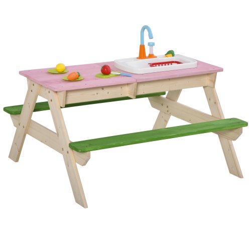 Outsunny Kids Picnic Table Set Wooden Bench w/Sandbox Kitchen Toys Outdoor Garden Patio Backyard Beach 37 x 35 x 20 Ceder Wood| Aosom Ireland