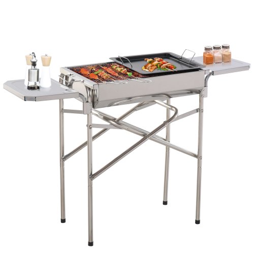 Outsunny Outdoor Folding BBQ Rectangular Stainless Steel Adjustable Pedestal Charcoal Barbecue Grill - Silver | Aosom Ireland