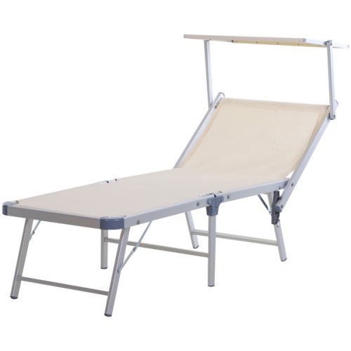 Outsunny Outdoor Sun Lounger w/ Overhead Canopy Aluminium Adjustable Back Texteline Seat Foldable Reclining Beach Beige