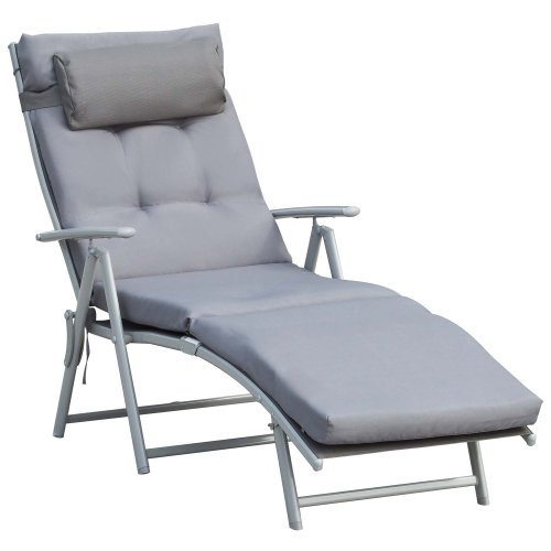 Outsunny Patio Sun Lounger Garden Textilene Foldable Reclining Chair Adjustable Recliner with Cushion Pillow - Grey | Aosom Ireland