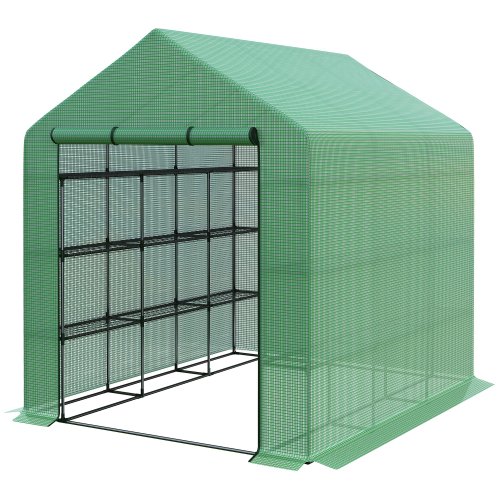 Outsunny Poly Tunnel Steeple Walk in Garden Greenhouse w/ Removable Cover Shelves - Green 244 x 180 x 210cm | Aosom Ireland