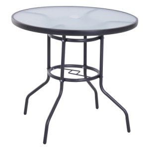 Outsunny Round Outdoor Dining Table, Tempered Glass Top Steel W/Parasol Hole, D80x72Hcm-Black