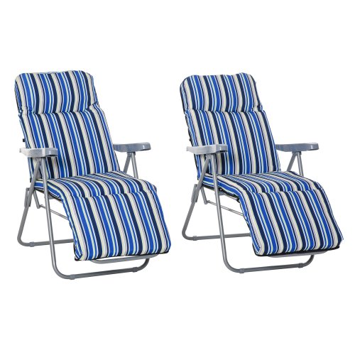 Outsunny Set of 2 Garden Sun Lounger Outdoor Reclining Seat Cushioned Seat Foldable Adjustable Recliner Blue and White | Aosom Ireland