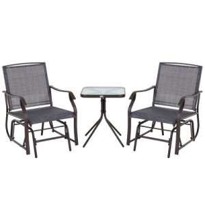 Outsunny Steel Frame Set-of-2 Glider Rocking Chair w/ Table Set Grey