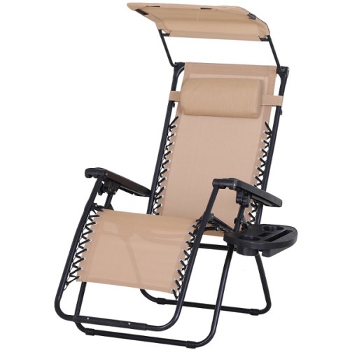 Outsunny Steel Frame Zero Gravity Outdoor Garden Deck Chair w/ Canopy Beige