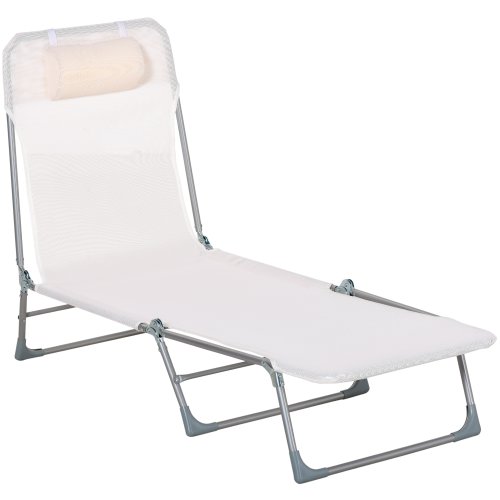 Outsunny Sun Lounge Foldable Reclining Chair w/ Pillow 5-Level Adjustable Garden Beach Outdoor Texteline Cream | Aosom Ireland