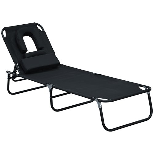 Outsunny Sun Lounger Foldable Reclining Chair w/ Pillow & Reading Hole Garden Beach Outdoor Recliner Adjustable Black | Aosom Ireland