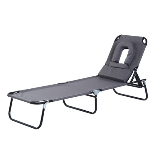 Outsunny Sun Lounger Foldable Reclining Chair w/ Pillow & Reading Hole Garden Beach Outdoor Recliner Adjustable Grey | Aosom Ireland