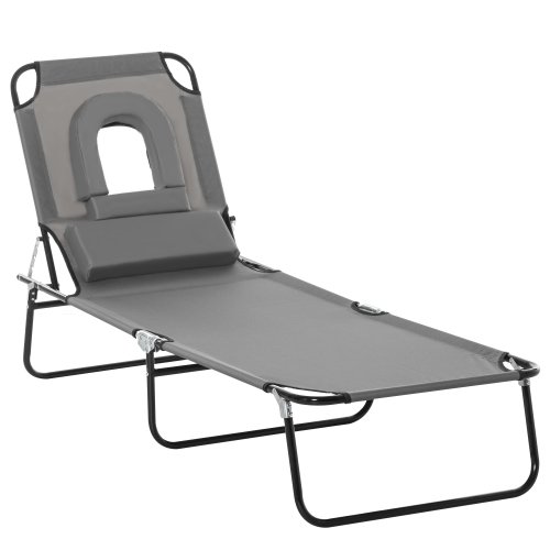 Outsunny Sun Lounger Foldable Reclining Chair with Pillow and Reading Hole Garden Beach Outdoor Recliner Adjustable Grey | Aosom Ireland