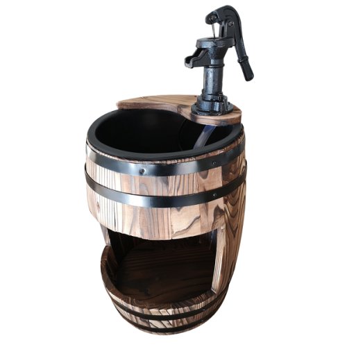 Outsunny Wood Barrel Pump Fountain Water Feature w/ Flower Planter Garden Decor|Aosom Ireland