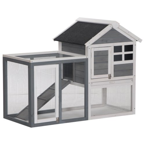 PawHut 122cm Weather-proof Wooden Rabbit Hutch With Slant Roof And Screened Outdoor Run, Grey | Aosom Ireland