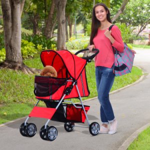 Pawhut Pet Stroller Cat Dog Basket Zipper Entry Fold Cup Holder Carrier Cart Wheels Travel W/Zipper Entry-Red