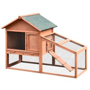 PawHut Solid Wood Rabbit Bunny Guinea Pig Hutch Water Resistant Asphalt Roof Ramp Sliding Tray Red/Brown