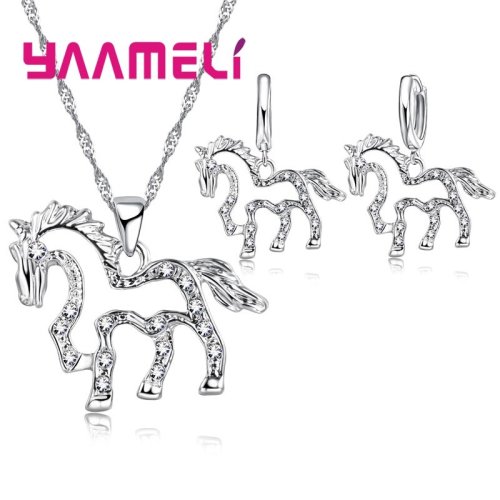 Productspro Luksus 925 sterling sølv bryllup smykker sæt skinnende klar ædelsten cz krystal hest vedhæng halskæde øreringe