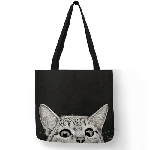 Stof sammenklappelige indkøbsposer til dagligvarer søde sorte kat print tote taske til kvinder personlighed skole rejser skuldertasker