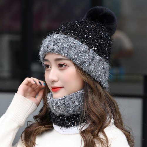 Productspro Strikket vinterhue tørklæde sæt til kvinder vindtæt tykke varme beanies og ring tørklæde kvindelige strikkede hat tilbehør piger