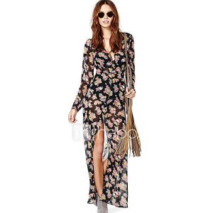 BALI Fashion Floral Print Long Sleeve Chiffon Dress