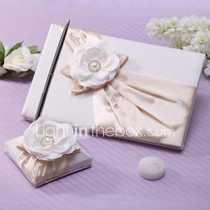 Élégant Wedding Guest Book And Pen Set de fleurs et de perles