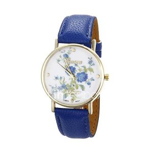 Women's Flower Pattern Golden Case PU Band Quartz Analog Wrist Watch (Blue)