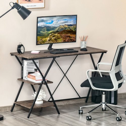 HOMCOM Computer Desk with Shelves, Wood Grain Writing Desk with 2-Tier Storage Shelves