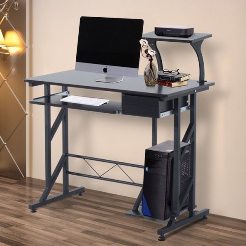 HOMCOM Computer Desk with Sliding Keyboard Tray Drawer and Host Box Shelf-Walnut