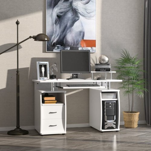 HOMCOM Computer Office Desk PC Table Workstation with  Keyboard Tray, Drawers, White