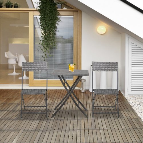 Outsunny 3 PCS Chair Bistro Set Garden Patio Table & Chair Black Rattan Furniture Grey