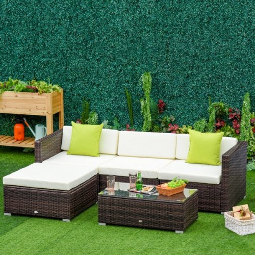 Outsunny 5 PCS Rattan Sofa Set Garden Outdoor Sectional Sofa Coffee Table Combo Patio Furniture-Brown