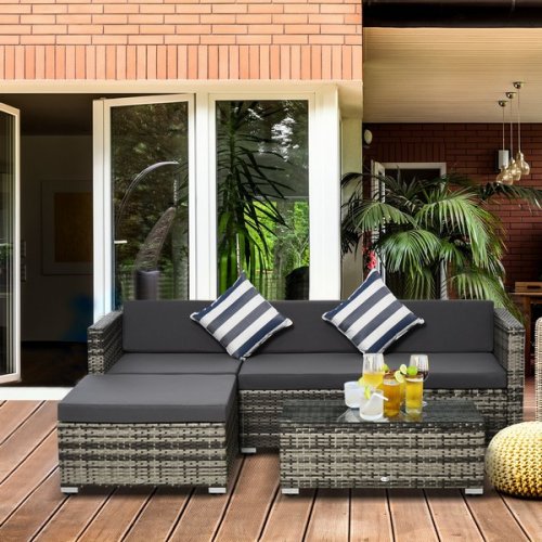 Outsunny 5 Pieces Rattan Sofa Set Wicker Sectional Furniture Cushion Grey Garden